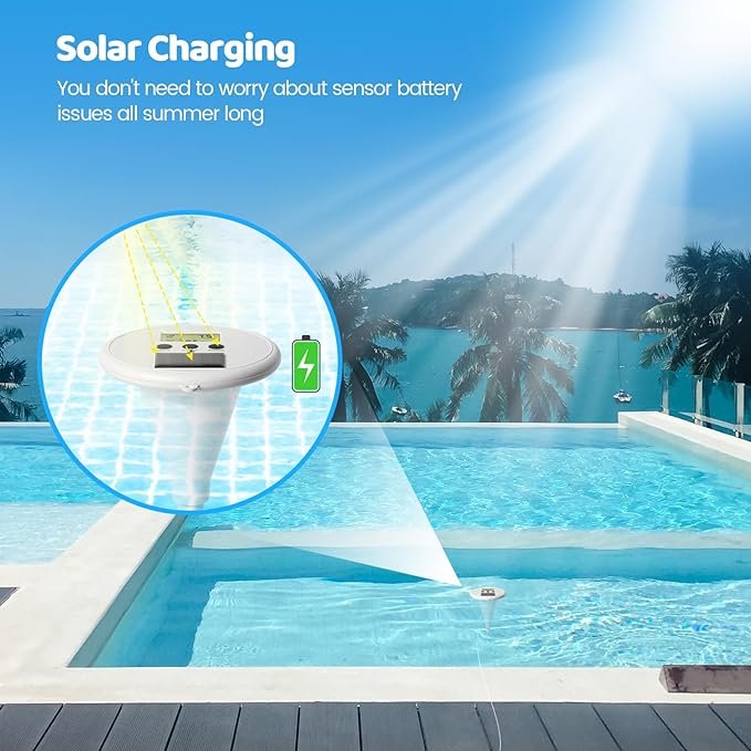 Wireless Pool Monitor, Solar Pool Water Tester with Dual Displays & High-Precision Electrode for Real-Time Detection of Water Temp pH EC TDS for All Swimming Pools, Spas, and Hot Tubs