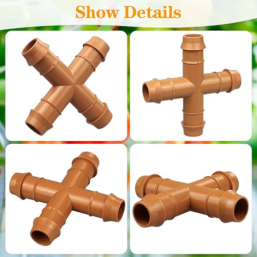 Drip Irrigation Fittings Barbed Cross Tee for 1/2" Irrigation Tubing(0.600" ID), 16 Pieces Barbed 4 Way Connectors, Drip Line 4 Way Couplings for Drip Sprinkler Garden Lawn Systems
