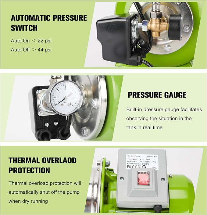 1.6HP Shallow Well Pump with Pressure Tank, 115V, Stainless Steel Irrigation, Automatic Water Booster Jet Pump for Home, Garden, and Lawn Use – Reliable Water Supply Solution