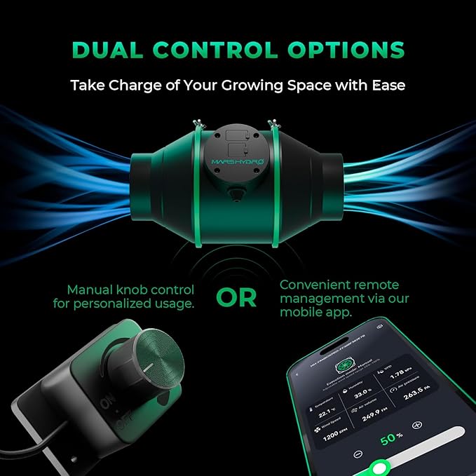 MARS HYDRO iFresh 4'' Inline Duct Fan, 205 CFM Quiet EC Motor Grow Tent Ventilation Exhaust Fan with Speed Controller for Grow Room Cooling，Booster，Indoor Gardening ，Hydroponics