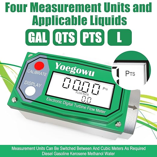 1" Digital Turbine Fuel Flow Meter, 2.6–26 GPM Inline NPT Flowmeter with LCD Display and 3/4" Adapters,For Diesel,Gasoline,Kerosene, Water and Other Liquids –Supports Gallon, L, QTS, PTS, m³ (1"&3/4")