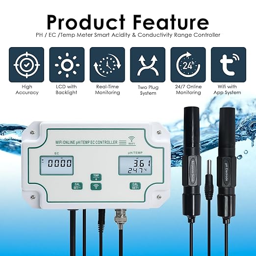 3-in-1 WiFi Smart Water Quality Tester, High Precision pH/EC/Temp Monitor with BNC Probe Real-Time APP Alerts & Data Export, pH Controller for Aquarium, Pool, Drinking Water, Lab