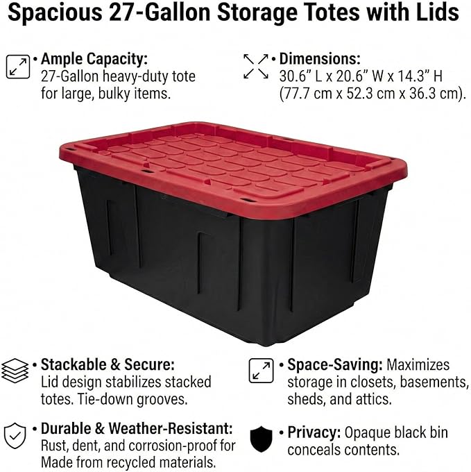 27 Gallon Heavy Duty Storage Bins with Lids – Stackable Industrial Plastic Totes for Garage Organization, Moving, and Attic Storage – Lockable Snap-Fit Container, Black/Red (4 Pack)
