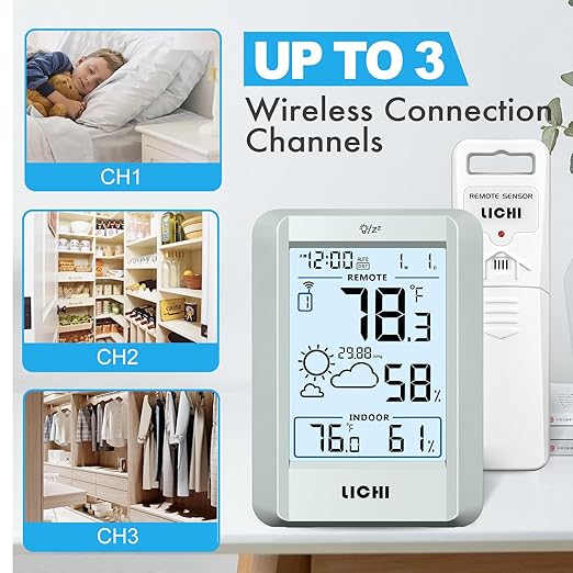 Indoor Outdoor Thermometer Wireless Weather Station External Thermometer Hygrometer Monitor with 330ft Range Remote Sensor, Battery Operated Backlit Display (Grey)