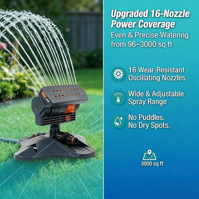 16-Nozzle Oscillating Sprinkler with Dual-Zone Sprinkler Water Timer, Adjustable Water Sprinklers for Lawn Yard Garden, Heavy Duty Automatic Irrigation System (Black A)