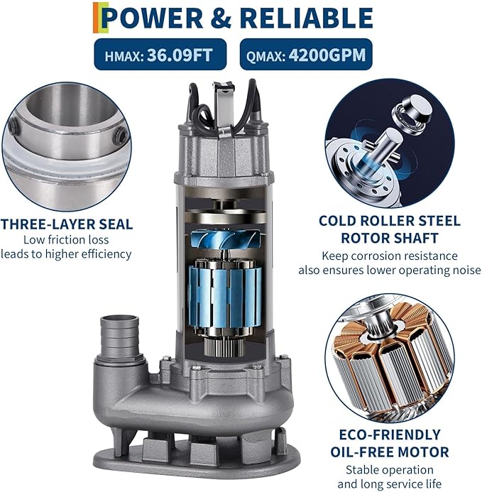 1/2 HP Submersible Sewage Pump, 6600 GPH Heavy Duty Cast Iron Effluent Pump with Automatic Tethered Float Switch, Sump Pump for Sump Basin, Basement, Residential Use