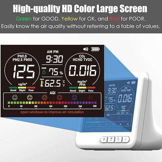 Professional Indoor Air Quality Monitor with AQI Alerts, Portable Real-Time Detector for Home, Car, Plants & Pet