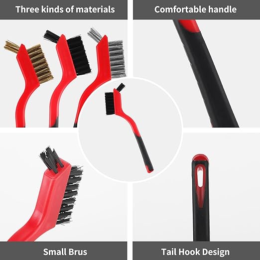 A A IN 6-Pack Wire Brush Set Nylon/Brass/Stainless Steel Bristles with Curved Handle Grip Scratch Brushes for Deep Cleaning and Rust Removing Small Cleaning Brushes-7 Inches (Red)