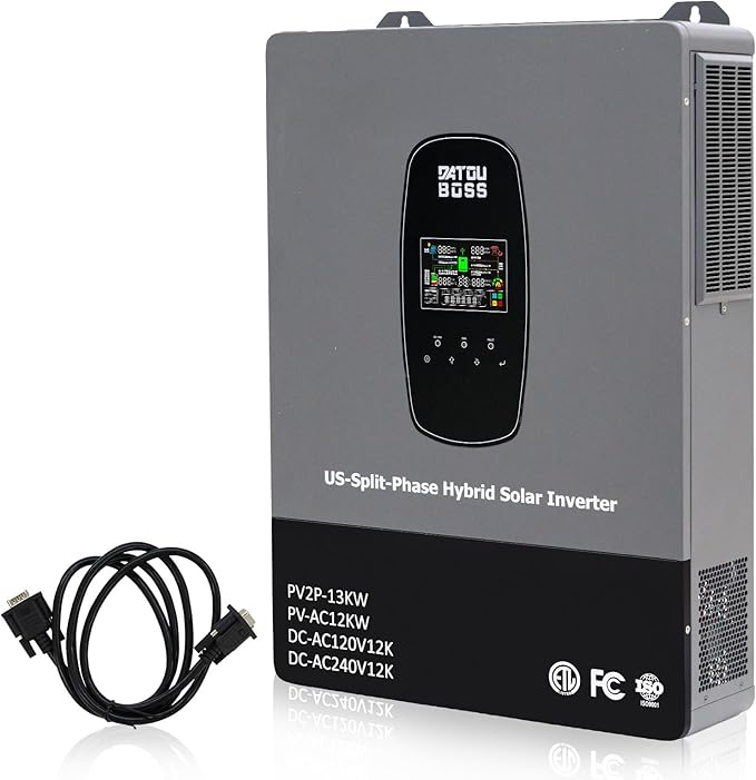 DATOUBOSS 12000W Hybrid Solar Inverter, 48V DC to110V/240V AC Split-Phase Inverter, Built-in 2 MPPT Solar Controllers, Pure sine Wave, Max Charging Current 220A,500V PV Input, Max. 6 Parallel