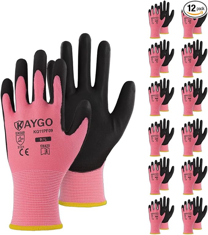 KAYGO Work Gloves for Men and Women,12 Pairs Seamless Knit PU Coated Safety Gloves, with Smooth Grip on Palm and Fingers, Ideal for Light Warehouse, Manufacturing, Gardening, KG11P (XS,Pink)