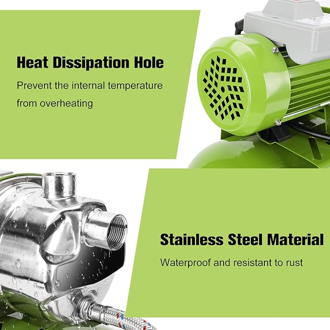 1.6HP Shallow Well Pump with Pressure Tank, 115V, Stainless Steel Irrigation, Automatic Water Booster Jet Pump for Home, Garden, and Lawn Use – Reliable Water Supply Solution