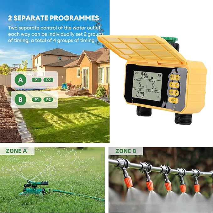 Solar Panel Sprinkler Timer, Double Outlet Smart Water Timer with Rain Sensor, Automatic Watering Valve Irrigation Controller System for Garden Hose Lawns Yard