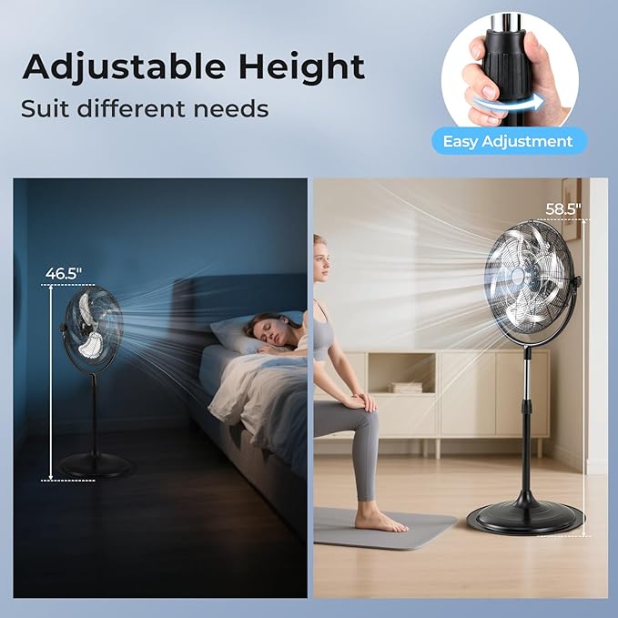ARLIME 18" High Velocity Pedestal Fan, Industrial Oscillating Standing Fan w/3 Speeds, 360° Tilt & Adjustable Height, Heavy Duty Metal Floor Fan for Commercial, Garage, Workshop, Warehouse (18 Inch)