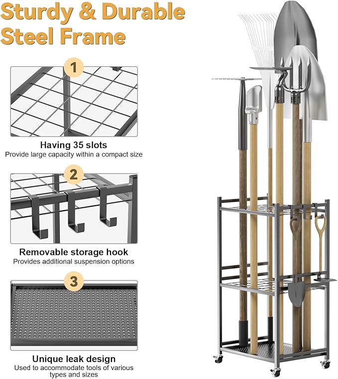 Garden Tool Organizer Stand, 35 Slots Storage Rack with lockable Wheels and Hooks, Iron Construction, 4 Shelves Fit for Long-Handled Tools/Rakes/Brooms