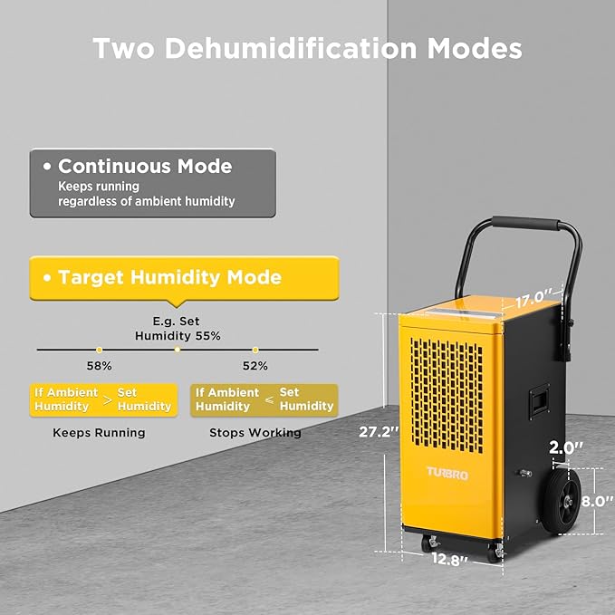 TURBRO 165 Pint Commercial Dehumidifier with Pump, Drain Hose, Industrial Dehumidifier for Large Spaces up to 7,500 Sq. Ft., Rolling Wheels, Faster Defrost, for Basement, Warehouse, Flood Restoration