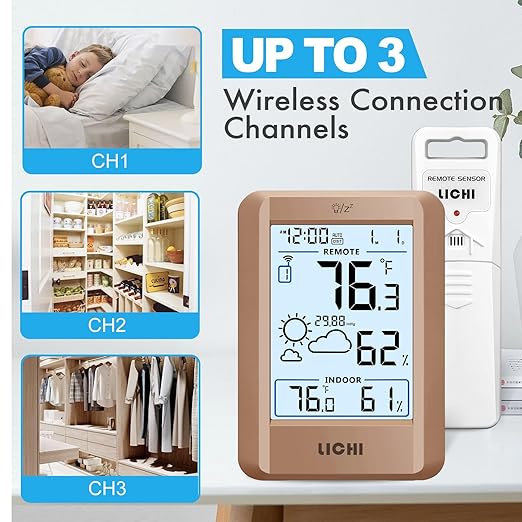 Indoor Outdoor Thermometer Wireless Weather Station External Thermometer Hygrometer Monitor with 330ft Range Remote Sensor, Battery Operated Backlit Display (Khaki)