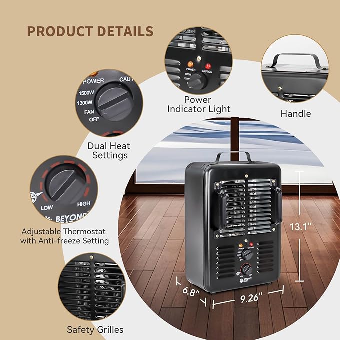 BEYOND HEAT Milkhouse Space Heater, 1300W/1500W Electric Heater with Thermostat, 3 Heat Settings, Safe and Quiet for Home Garage Workshop Warehouse, Black