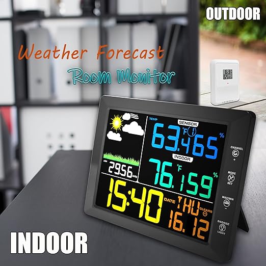 Wireless Weather Station Clock, 10 Inch Home Indoor Weather Monitor with Barometer, Outdoor Temperature and Humidity Gauge, Black