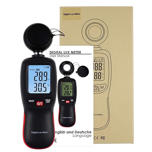 Lux Meter with Data Record, Digital Light Meter Illuminance Meter, Backlight Lux Temperature Meter 0~200,000 Measurement Range Lux/FC Unit MAX/MIN/Hold Function