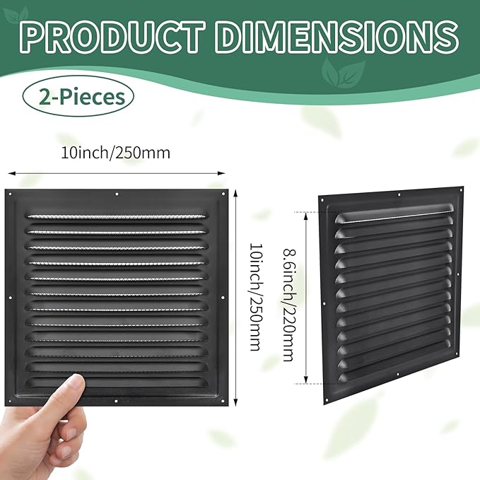 (Black 2 Pack 10" x 10"Inch) Gable Vents, Aluminum Walls, Lofts, Garages etc with Screened Metal Shed Vents, Outdoor House Loft Ceiling Reinforced Square Vents Shutters Exterior Grille (Matt)