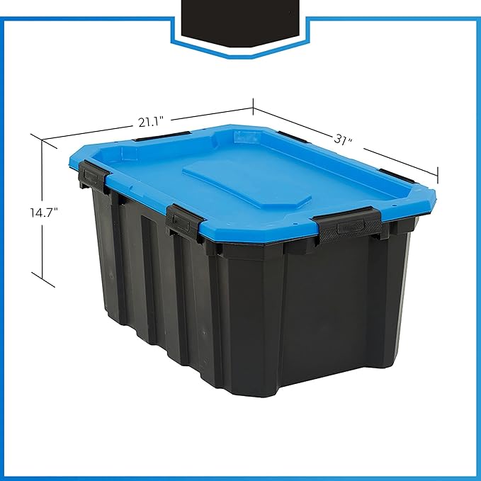 24 Gallon Waterproof Storage Bin with Latching Lid, Heavy Duty Plastic Tote for Garage, Basement, Attic, and Outdoor Storage – Dustproof, Stackable,Secure Locking Buckles,Black with Blue Lid, BPA-Free
