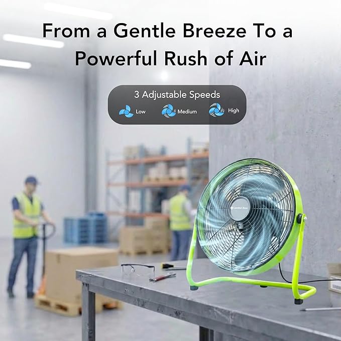 Comfort Zone 12-Inch Low-Profile High-Velocity Desk or Floor Fan, 3-Speed Metal Cradle Fan with 180° Tilt, Quiet 523 CFM Airflow for Home, Office, & Gym, Fully Assembled