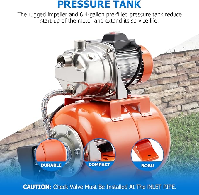 1.6HP Shallow Well Pump with Pressure Tank, Stainless Steel, 115V Irrigation Pump, Automatic Water Booster Jet Pump for Home, Garden, Lawn
