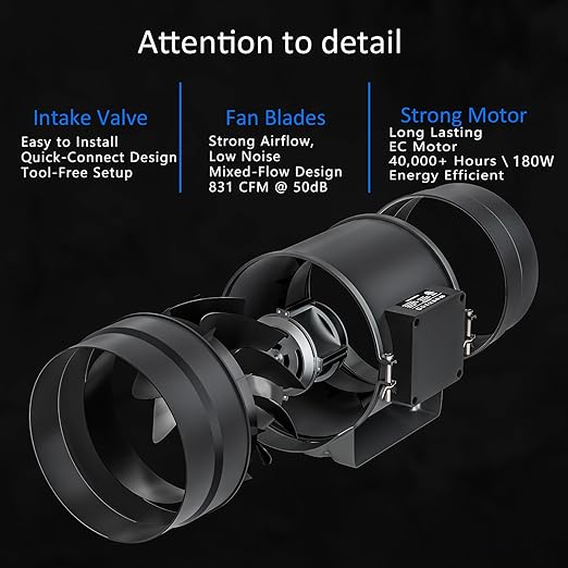 Toolazy 8 Inch Inline Duct Fan with WiFi App Control, 831 CFM Quiet EC Motor Ventilation Fan with Temperature Humidity Sensor, Smart Exhaust Fan for Large Grow Tent, Hydroponics, HVAC, Commercial Use