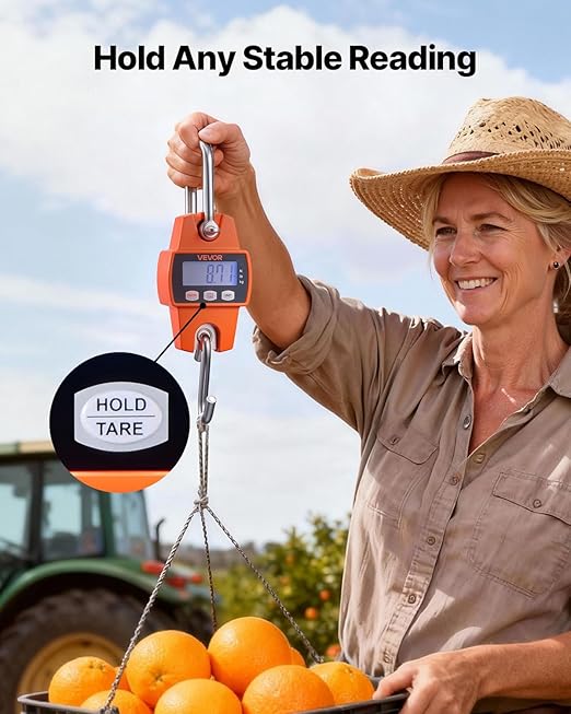 VEVOR Digital Crane Scale, 660 lbs/300 kg, Industrial Heavy Duty Hanging Scale with Cast Aluminum Case & LCD Screen, Handheld Mini Crane with Hooks for Farm, Hunting, Fishing, Outdoor, Garage (Orange)