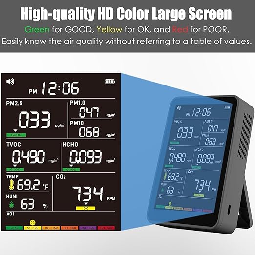 Professional Indoor Air Quality Monitor with AQI Alerts, Portable Real-Time Detector for Home, Car, Plants & Pet (Deep Black)