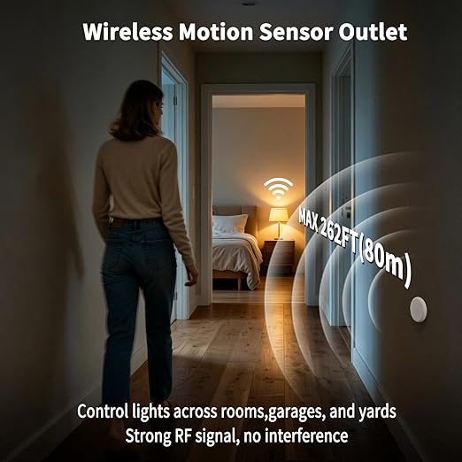 NineLeaf Motion Sensor Outlet, Wireless Motion Activated Plug with Timer & Light Sensor, 262 ft Range, 15A/1500W, Auto On/Off for Lights, Bathroom Fan, Garage, Hallway(3Sensor 5Plugs)