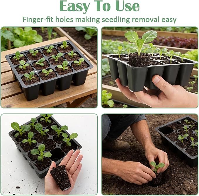 RooTrimmer 60 Pack Reusable 12-Cell Seed Starter Tray, Plant Starter Trays with Large Drainage Holes for Seed Germination, Easy to Repotted, Fits Standard 1020 Flats and TD377 Trays, Black
