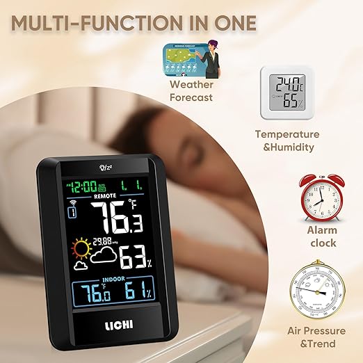 Indoor Outdoor Thermometer Wireless Weather Station External Thermometer Hygrometer Monitor with 330ft Range Remote Sensor, Battery Operated Backlit Display (Colorful)