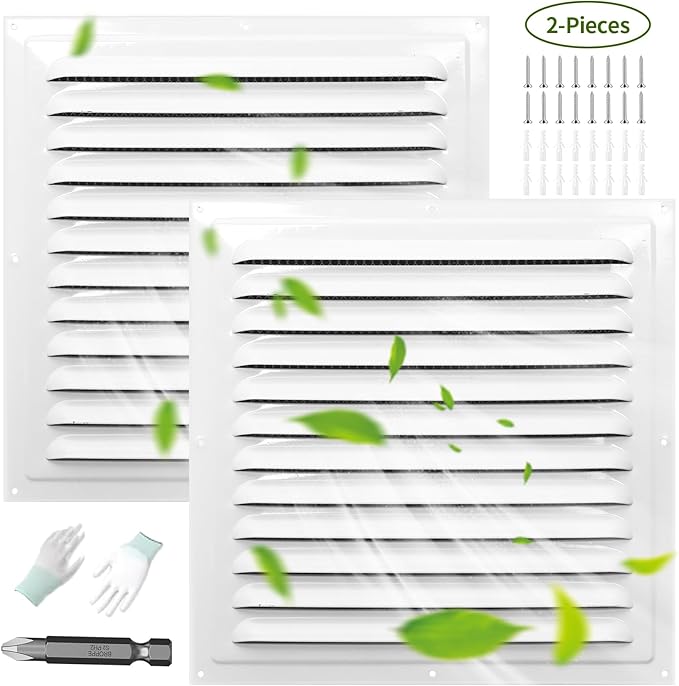 (White 2 Pack 12" x 12"Inch) Gable Vents, Aluminum Walls, Lofts, Garages etc with Screened Metal Shed Vents, Outdoor House Loft Ceiling Reinforced Square Vents Shutters Exterior Grille (Gloss)