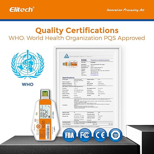 Elitech WHO PQS Certificated 50 Pack 120 Days Temperature Data Logger with Light Sensor Single-Use Cold Chain Monitor (CCM) Temperature Recorder with PDF Report 16000 Points LogEt1