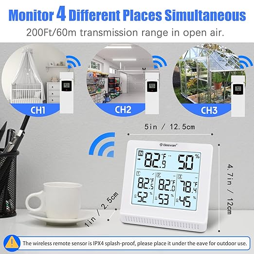 Geevon Indoor Outdoor Thermometer Wireless with 3 Remote Sensors, Digital Hygrometer Thermometer, Temperature Gauge Humidity Monitor with Backlight, 200FT/60M Transmission Range