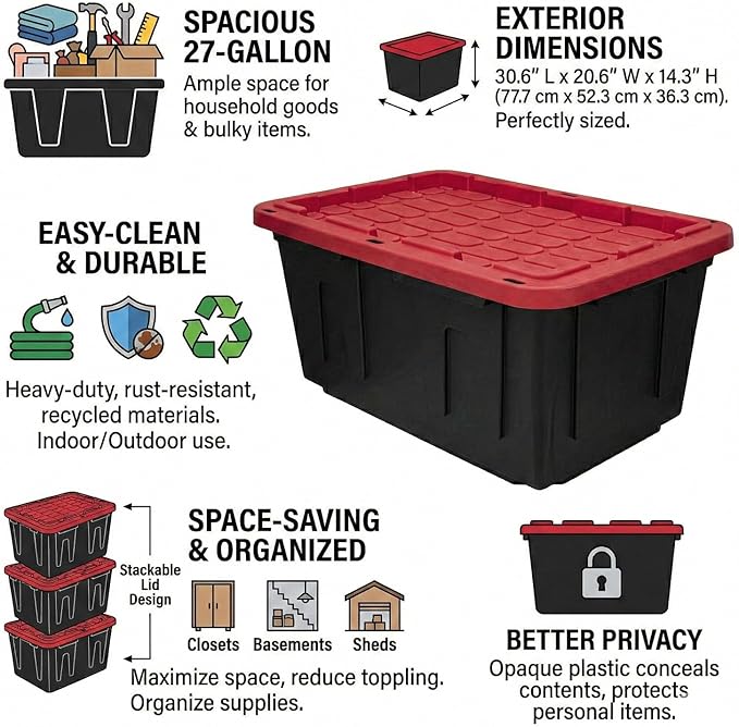 27 Gallon Heavy Duty Storage Bins with Lids – Stackable Industrial Plastic Totes for Garage Organization, Moving, and Attic Storage – Lockable Snap-Fit Container, Black/Red (2 Pack)
