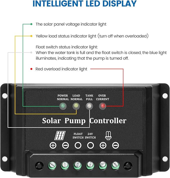10A Solar Water Pump Controller, Zuomeng DC Pump Controller Compatible with 12V and 24V Systems, Featuring LED Display Light and Overcurrent/Overload Protection