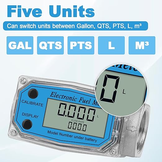 1" 2.6-26 GPM Inline NPT Thread Flowmeter, Digital Turbine Fuel Flow Meter, for Water, Diesel, Gas Oil, Gasoline, and Other Liquids - Supports Gallon, QTS, PTS, L, m³ with 3/4 in Adapters