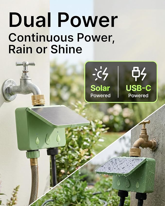 Water Timer for Garden Hose, 2-Zone Solar Sprinkler Controller with Flow Meter, Smart Irrigation System with Rain Delay, Brass Inlet, APP & Voice Control WiFi Hose Timer, No Hub Required