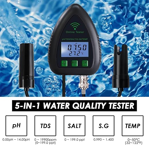 WiFi Water Quality Monitor 5-in-1 pH, S.G., TDS, Salt & Temperature Tester | 24/7 Online Hydroponic Monitoring with Data Logging & Alarms for Aquariums, Fish Ponds & Saltwater Pools