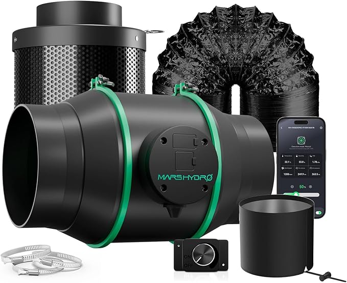 MARS HYDRO iFresh 6'' Inline Duct Fan Combo,Quiet Grow Tent Ventilation System Kit with Variable Speed Controller ，Carbon Filter and Ducting, Exhaust Fan Kit for Grow Room Cooling