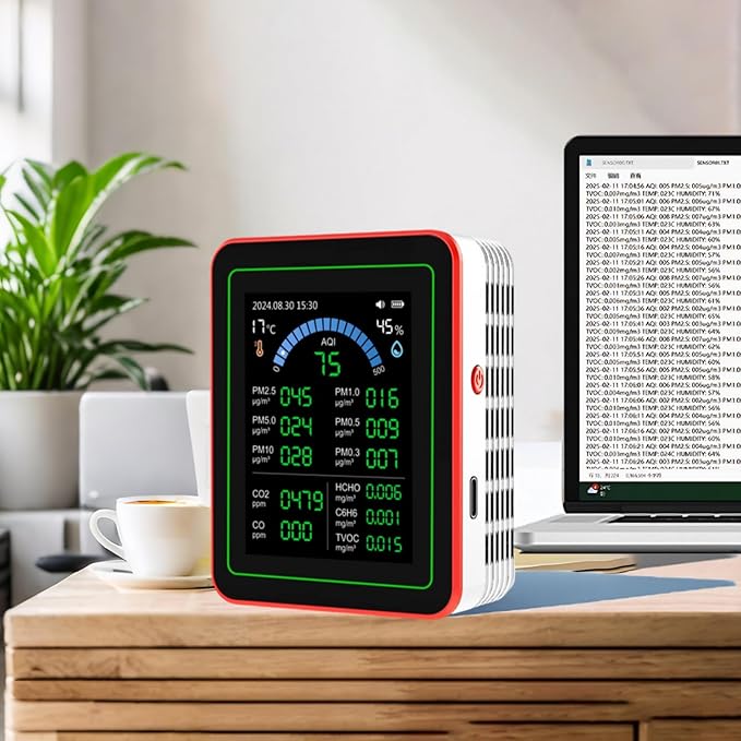 TianfuSpanda18-in-1 Smart Air Quality Monitor Indoor, CO2/CO/HCHO/TVOC/C6H6/PM0.3-10 Detection, Real-Time Data Logging & Bluetooth Sync, AQI Alarm, Type-C Charging for Home/Office/Car (2.8" Display)