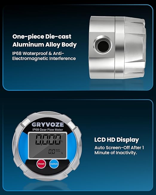 1/2" NPT Digital Gear Flow Meter, ±0.5% Accuracy, 0.05–6.6 GPM, for Low-Flow, High-Viscosity Liquids, Compatible with Motor Oil, Lubricants, Antifreeze & Hydraulic Systems
