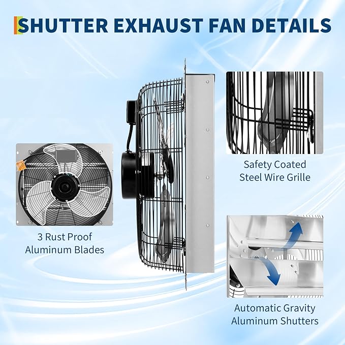 OUTLANE High-Efficiency Industrial Shutter Exhaust Fan - Automatic Wall-Mounted Ventilation - Quiet High-Speed Motor - Powerful Airflow for Attic, Garage, Greenhouse, Workshop, Enclosure, Barn