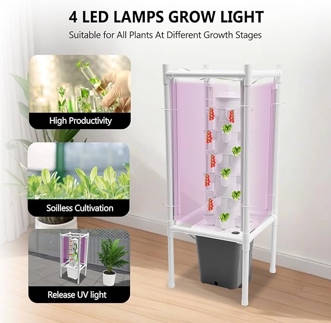 30-Plant Hydroponics Tower Garden Vertical Growing System Kit, Indoor Garden Planter Herb Garden with LED Grow Light and Water Pump, Vertical Planter Germination Kit for Herbs, Fruits and Vegetables