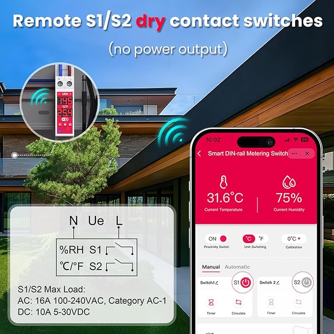 WiFi Temperature Humidity Sensor DIN Rail Mount WALFRONT Smart Switch Real Time Monitoring 24/7 for Incubators Breeding Farms
