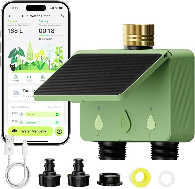 Water Timer for Garden Hose, 2-Zone Solar Sprinkler Controller with Flow Meter, Smart Irrigation System with Rain Delay, Brass Inlet, APP & Voice Control WiFi Hose Timer, No Hub Required