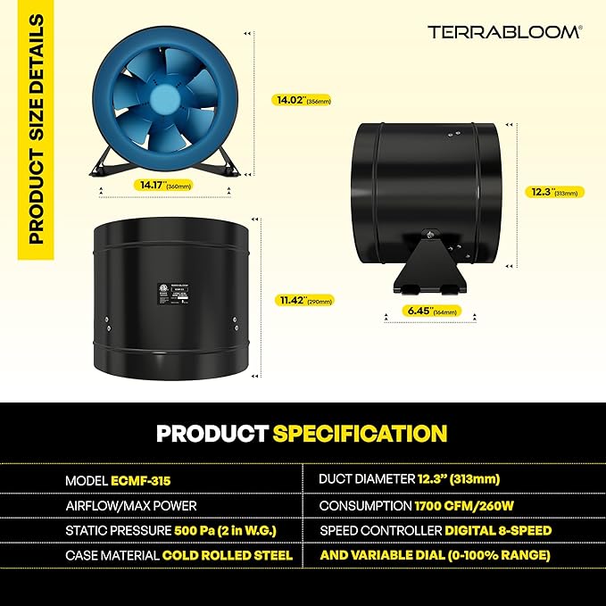 TerraBloom 12 Inch Inline Fan EC - Quiet HVAC Grow Tent Fan with 0-100% Temperature Thermostat Speed Controller - Premium Metal Casing 40-75% Energy Efficient EC Motor - For Large Spaces