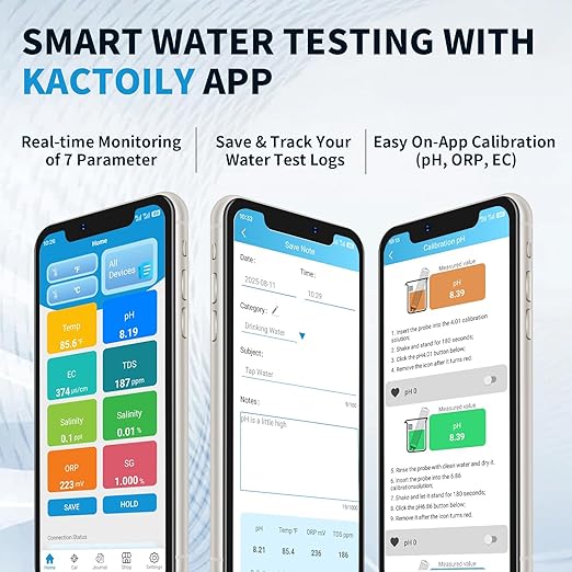 Kactoily 7-in-1 Smart Bluetooth Water Tester, Portable Digital pH/TDS/EC/ORP/Temperature/Salt/SG Meter with App Alert, Ideal for Pool/Aquarium/Hydroponics/Pond